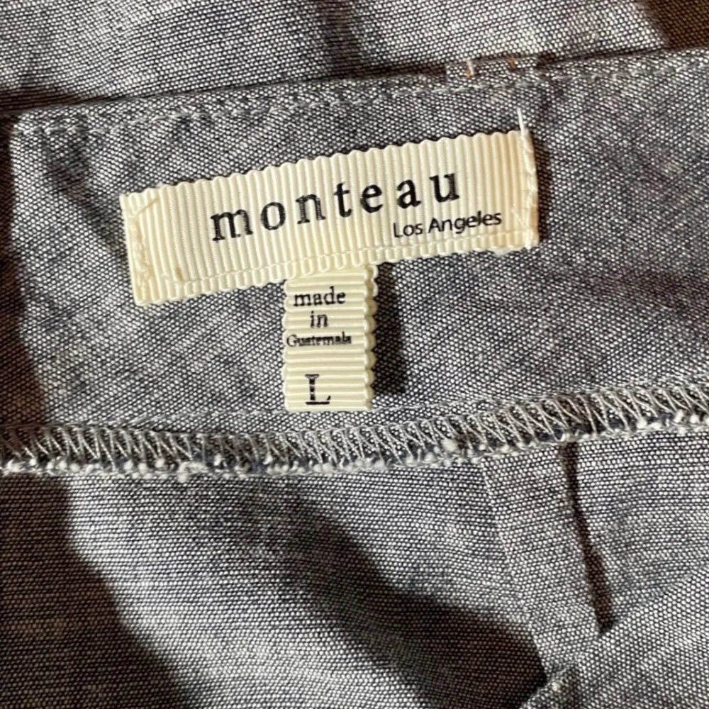 Monteau‎ Los Angeles Grey Chambray A-Line Skirt Size L Back Zip Pockets Career